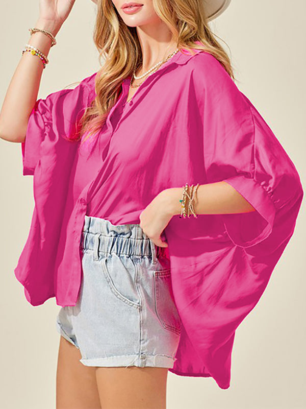 Pleated Split-Front Split-Joint Batwing Sleeves Half Sleeves Lapel Blouses