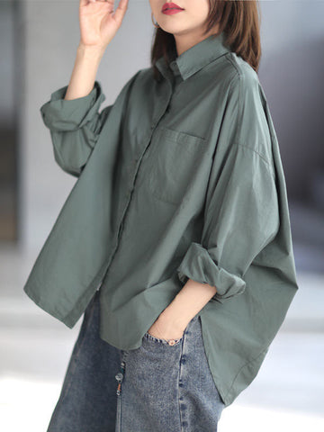 Solid Color High-low Long Sleeves Lapel Blouses&shirts Tops