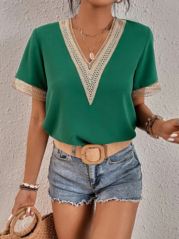 Casual Loose Lace Split-Joint V-Neck T-Shirts Tops