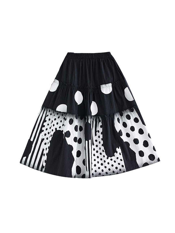 Elasticity Pleated Pockets Polka Dot Printed Ruffled Split-Joint Loose Skirts Bottoms