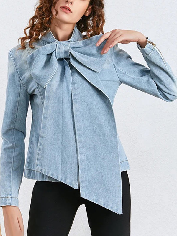 Bowknot Zipper Long Sleeves Loose Mock Neck Blouses&Shirts Tops