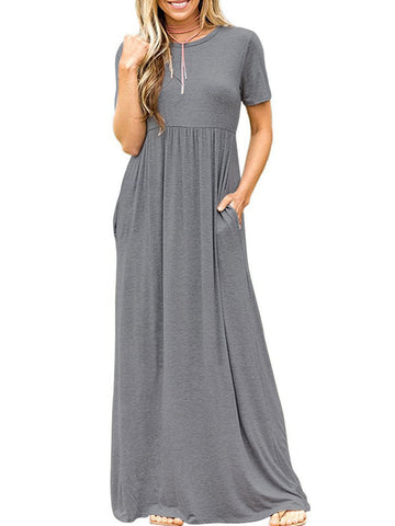 Pleated Pockets Solid Color Split-Joint High Waisted Short Sleeves Round-Neck Maxi Dresses