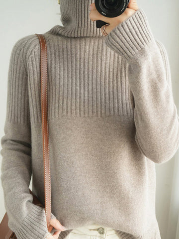 Casual Long Sleeves Loose Solid Color High-Neck Sweater Tops