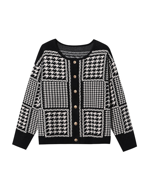 Long Sleeves Loose Contrast Color Houndstooth Split-Joint Round-Neck Cardigan Tops