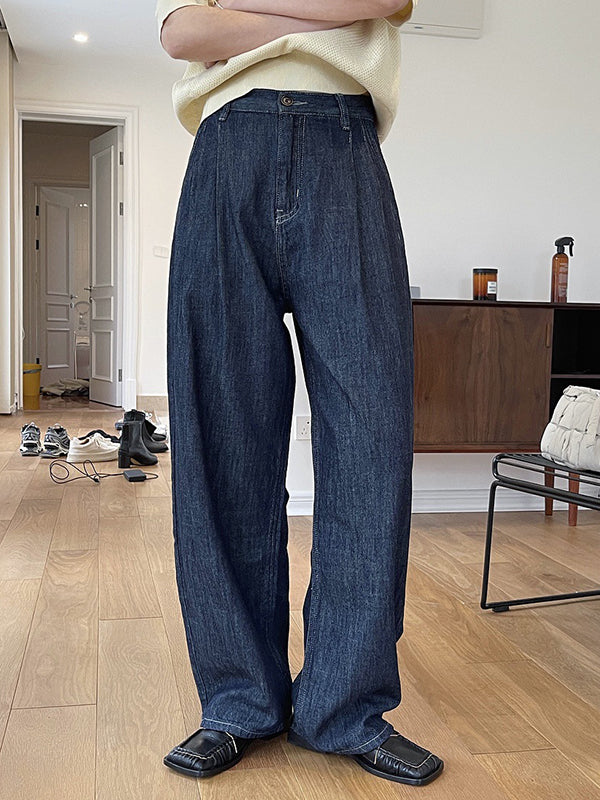 Casual Loose Wide Leg Pleated Jean Pants Bottoms