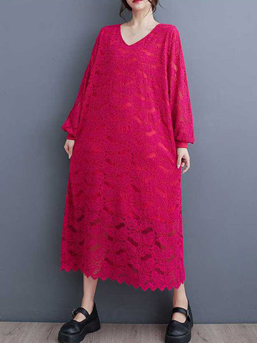 Jacquard Bishop Sleeve Long Sleeves V-Neck Midi Dresses