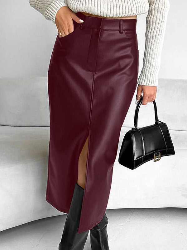 Pockets Solid Color Split-Front Zipper Skinny Wrap Skirts Bottoms