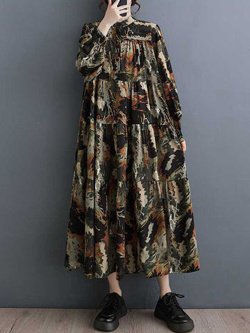 Pleated Printed Split-Joint A-Line Long Sleeves Round-Neck Midi Dresses