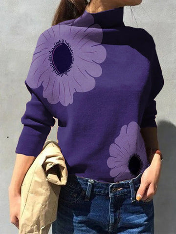 Long Sleeves Loose Flower Print Split-Joint High Neck T-shirts