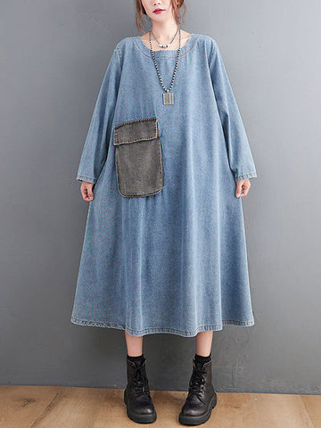 Artistic Retro Loose Denim Applique Round-Neck Long Sleeves Midi Dress