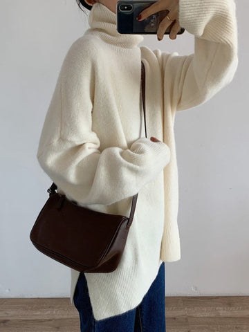 Solid Color Split-Joint Split-Side Long Sleeves Loose High Neck Sweater