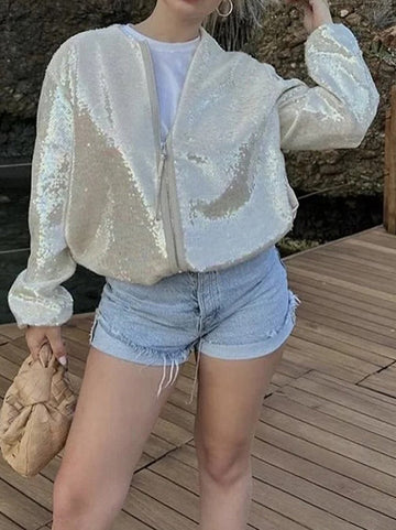 Sequined Zipper Loose Puff Sleeves Round-Neck Outerwear Jackets