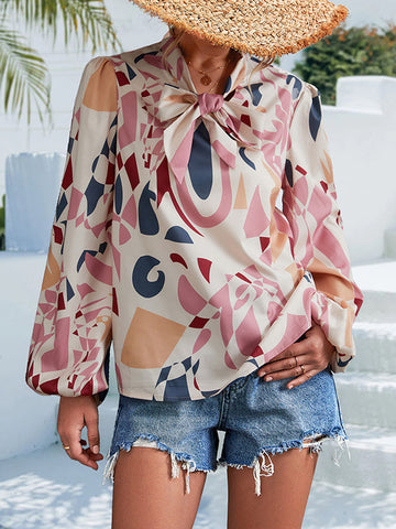 Elasticity Printed Tied Bishop Sleeve Long Sleeves V-Neck Blouses&Shirts Tops