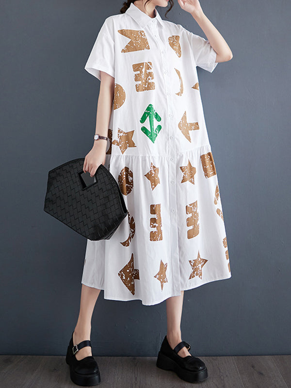 Buttoned Pleated Pockets Printed Split-Joint Loose Short Sleeves Lapel Shirt Dress Midi Dresses