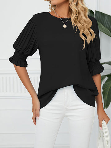 Pleated Solid Color Loose Puff Sleeves Round-Neck T-Shirts Tops