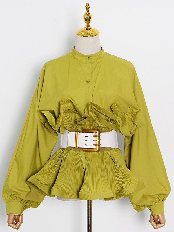 Stylish Loose Long Sleeves Buttoned Falbala Belted Solid Color Stand Collar Blouses&Shirts Tops