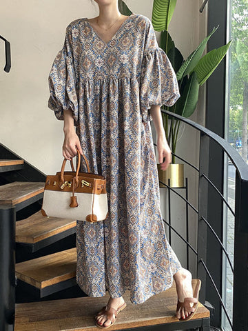 Vintage Floral Printed V-Neck Pleated Puff Sleeves Midi Dress