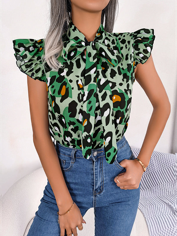 Leopard Cap Sleeve Loose Statement Collar Vest Top