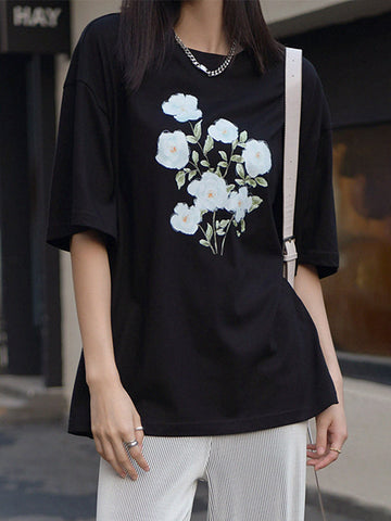 Casual Loose Round-Neck Floral Printed T-Shirt