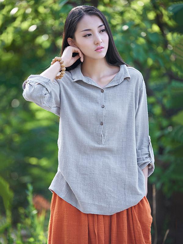 White&Gray&Beige Lapel Ramie Cotton T-shirt