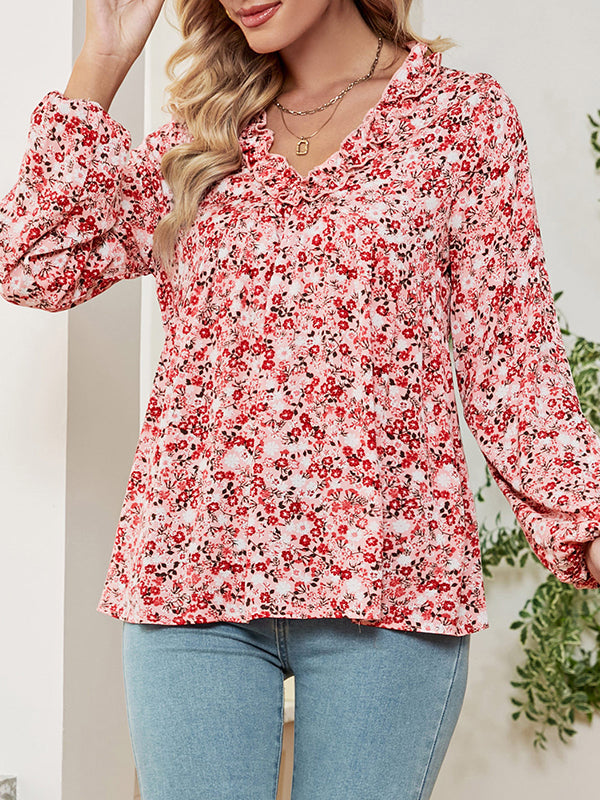 Flower Print Ruffled Long Sleeves Loose V-neck Blouses&shirts Tops