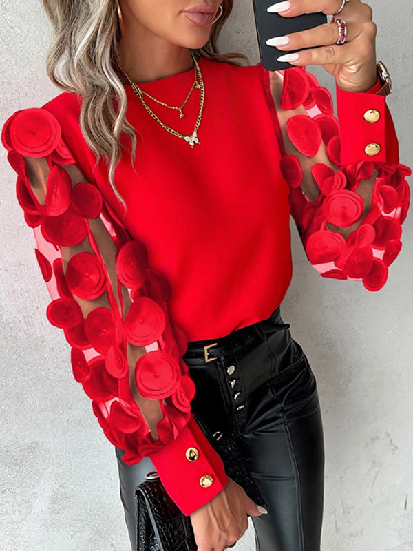 Mesh Polka-Dot Solid Color Split-Joint Long Sleeves Loose Round-Neck Blouses&Shirts Tops