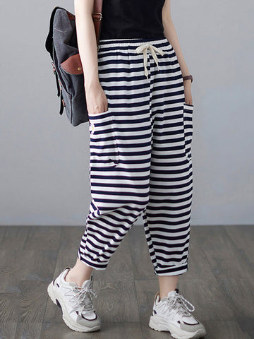 Loose Striped Drawstring Harem Sports Pants