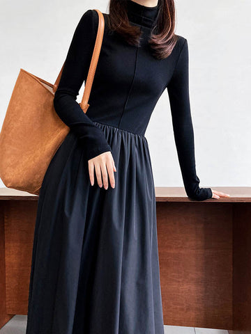 Pleated Solid Color Split-Joint A-Line Long Sleeves Midi Dresses