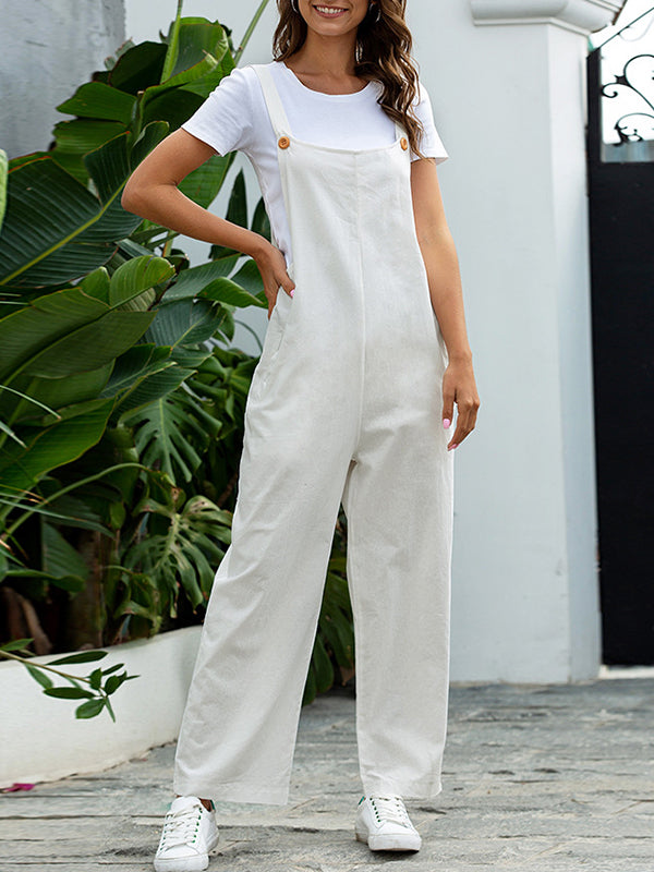 Buttoned Solid Color Loose Overalls