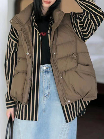 Loose Sleeveless Pleated Split-Joint Zipper Stand Collar Down Coat Padded Vest