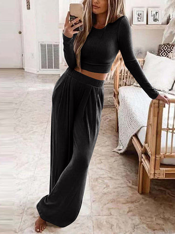 Plus Size Solid Color Long Sleeves Round-Neck Shirts Top + Pants Bottom Two Pieces Set