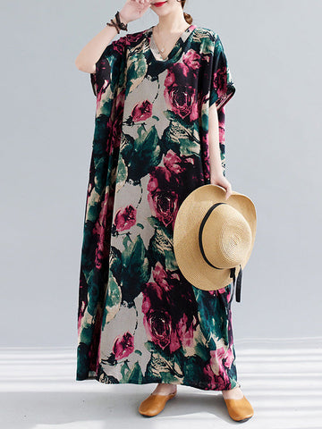 Artistic Retro Short Sleeves Loose Floral Printed Contrast Color V-Neck Maxi Dresses