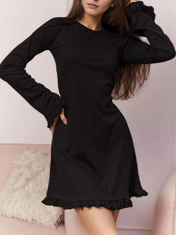 Ruffled Plain A-Line Flared Sleeves Round-Neck Mini Dresses