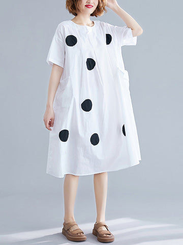 Original Short Sleeves Loose Contrast Color Polka-Dot Round-Neck Midi Dresses