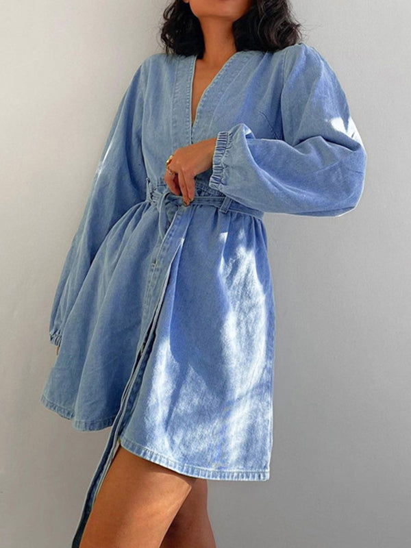 Long Sleeves Loose Split-Joint Tied Waist V-Neck Denim Mini Dresses