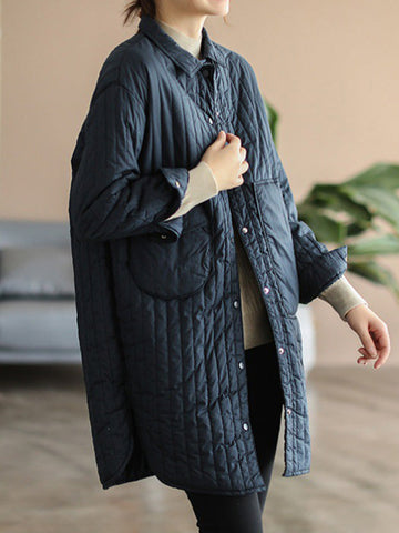 Asymmetric Buttoned Pockets Quilted Solid Color Split-side Long Sleeves Loose Lapel Padded Coat