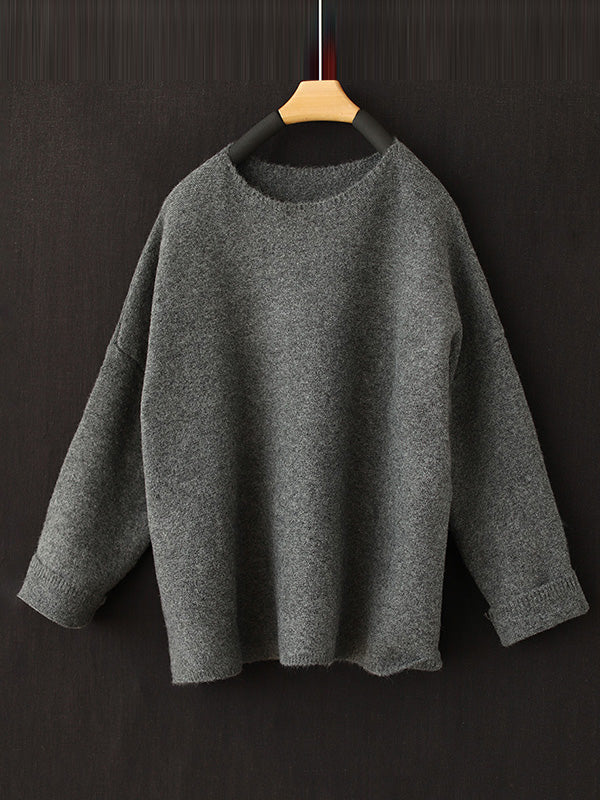 Simple Long Sleeves Loose Solid Color Round-Neck Sweater Tops