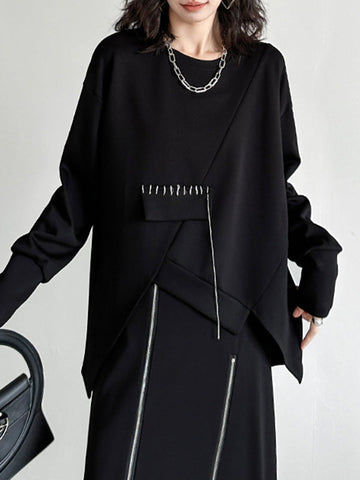 Asymmetric Long Sleeves Loose Round-Neck Sweatshirt Tops