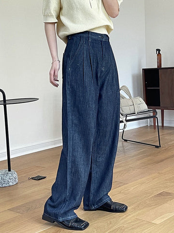 Casual Loose Wide Leg Pleated Jean Pants Bottoms