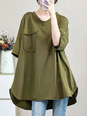 Pockets Solid Color Half Sleeves Irregular Clipping V-Neck T-Shirts Tops