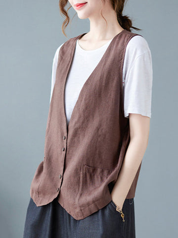 Simple Loose V-Neck Solid Color Vest