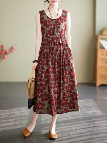 Drawstring Floral Printed Loose Oversize Round-neck Midi Dresses