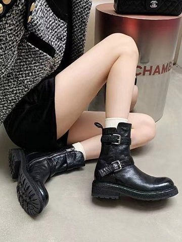 Belt Buckle Round-Toe Split-Joint Zipper Boots