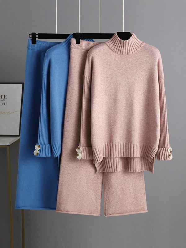 Urban Long Sleeves Solid Color Half Turtleneck Sweater Tops & Wide Leg Pants Two Pieces Set