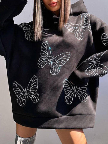 Butterfly Print Split-Joint Loose Puff Sleeves Hooded Hoodies Tops