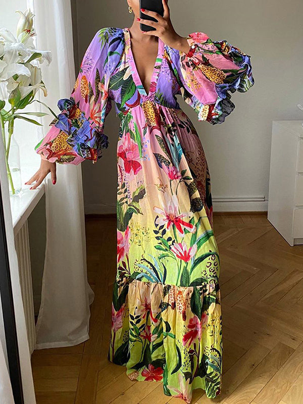 Flower Print Pleated Ruffled Split-Joint Bishop Sleeve High Waisted Deep V-Neck Maxi Dresses