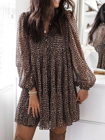 Buttoned Leopard Pleated Long Sleeves Loose V-Neck Mini Dresses