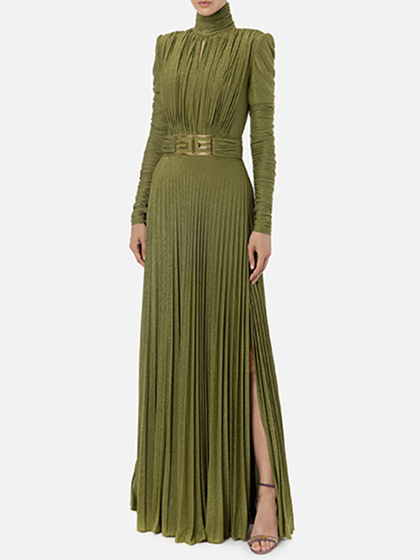 Long Sleeves Pleated Solid Color Split-Side V-Back High-Neck Evening Dresses Maxi Dresses