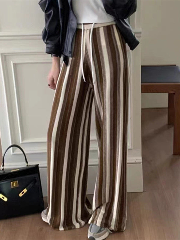 Contrast Color Drawstring Elasticity Split-Joint Striped Loose Wide Leg Trousers Pants