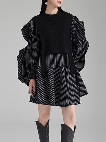 Ruffled Split-Joint Long Sleeves Loose Round-Neck Inner Mini Shirt Dress + Outer Vest Two Pieces Set